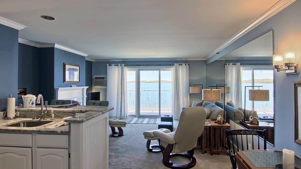 Boyne City Condo | Balcony Overlooking Lake Charlevoix | Peaceful downtown Boyne | Fireplace |