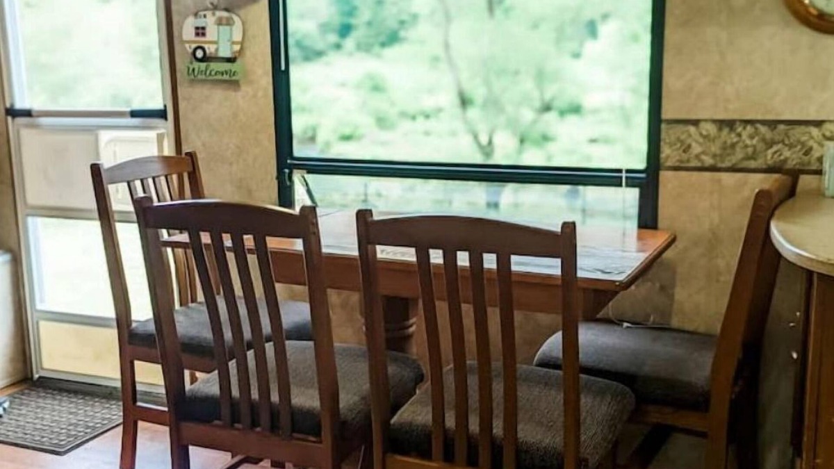 Burks Fork Cabin | Camper in middle of farm setting with creek view