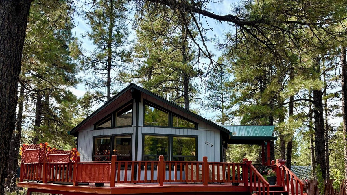 Kachina Village Cabin | Charming 2Br 2Ba cabin with big windows in the tall pines.