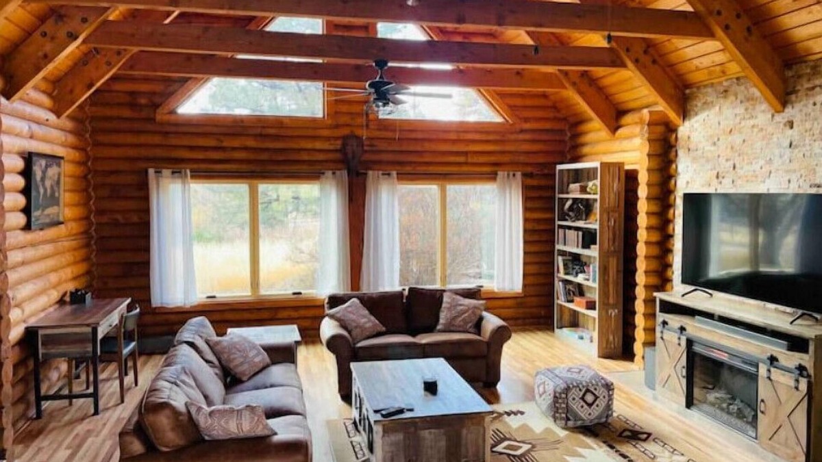 Flagstaff House | Cheerful Cabin with large stone patio and hot tub, next to trails!