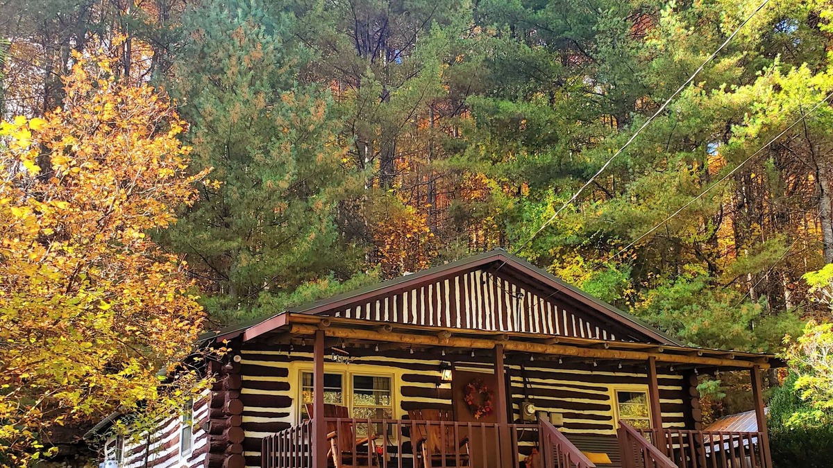 Spruce Pine Cabin | Cozy Hand Built Log Cabin Rocking Chair Porch King Bed