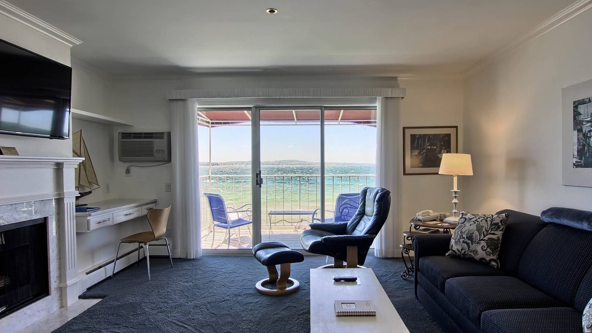 Boyne City Condo | Elevated Lake Charlevoix Views | Private Balcony & Beach Access | Fireplace |
