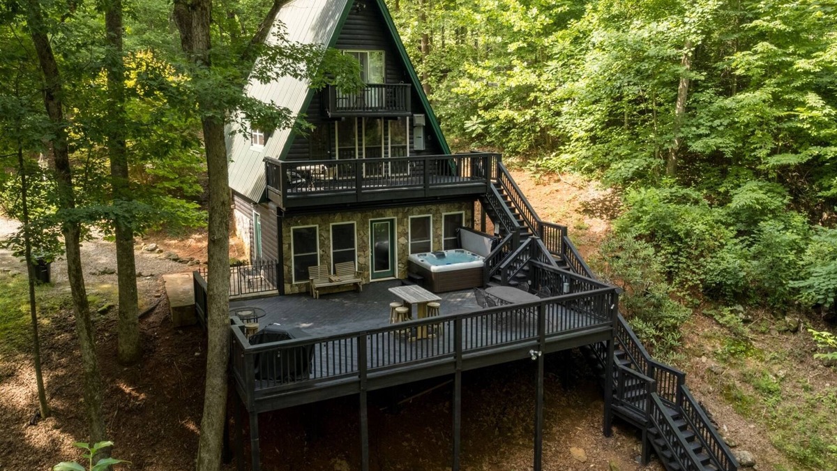 Cleveland Cabin | Falling Waters at Mustang Creek - A-Frame Lodge w/Hot Tub & Your Own Waterfall