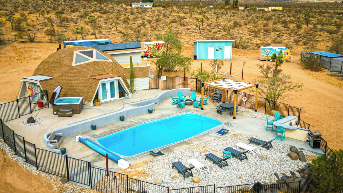 Landers House | Joshua Tree Dome & Guest House - Heated Pool, Hot Tub, Yoga Patio, EV Charger