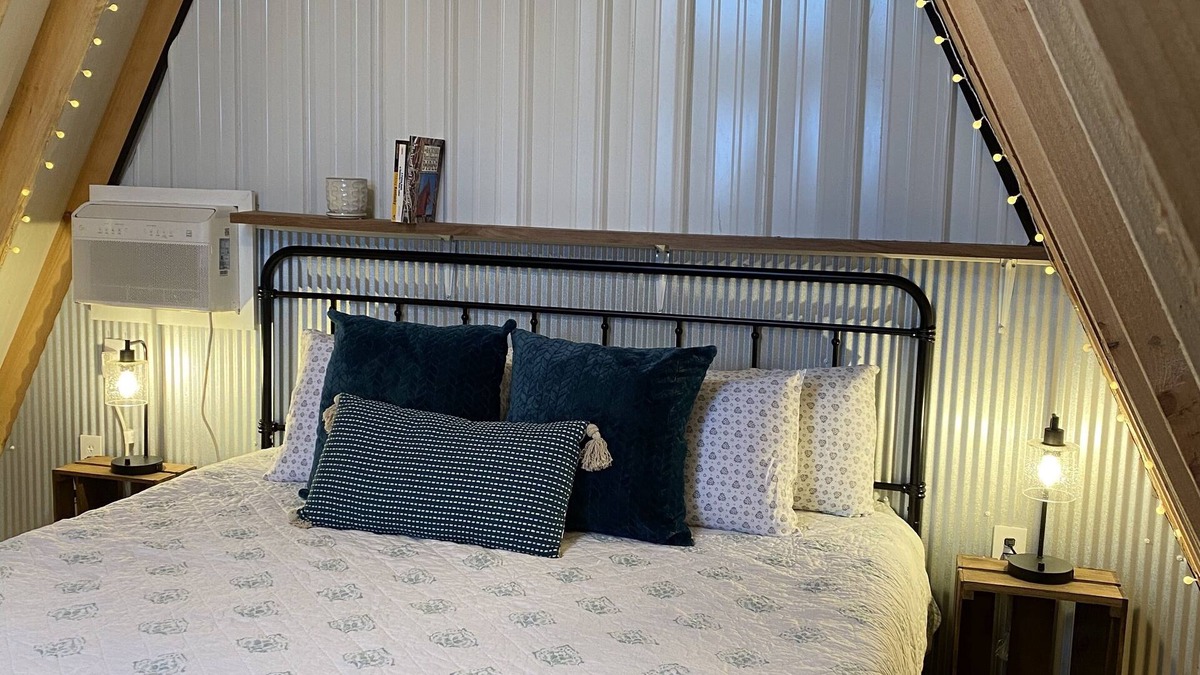 Mammoth Cave RV Rental | King bed in Tulip Glamping Aframe at Noble Pine Campground