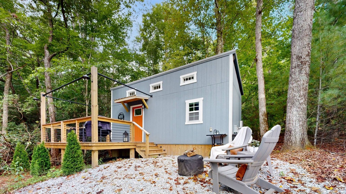 Mills River Cabin | Lakeview tiny home with a loft, full kitchen, furnished deck, & firepit