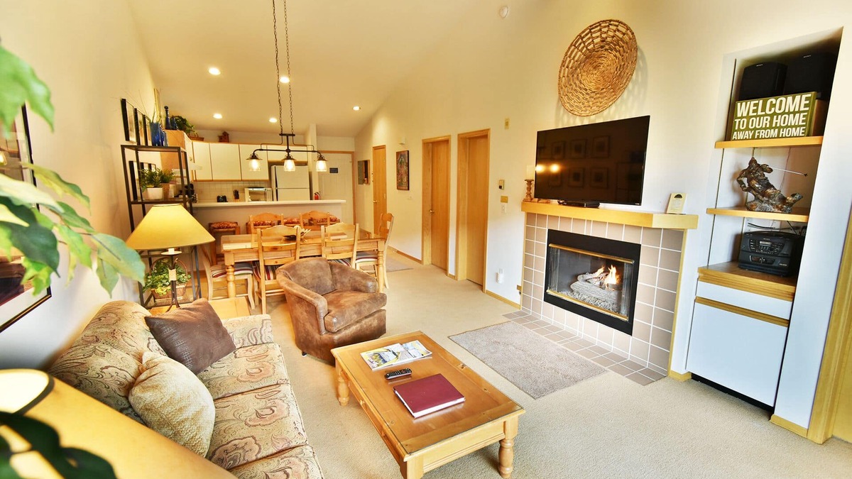 Mountain House Condo | On River Trail! Top Floor Views! 2 Hot Tubs. Walk/Shuttle to Dining, Events