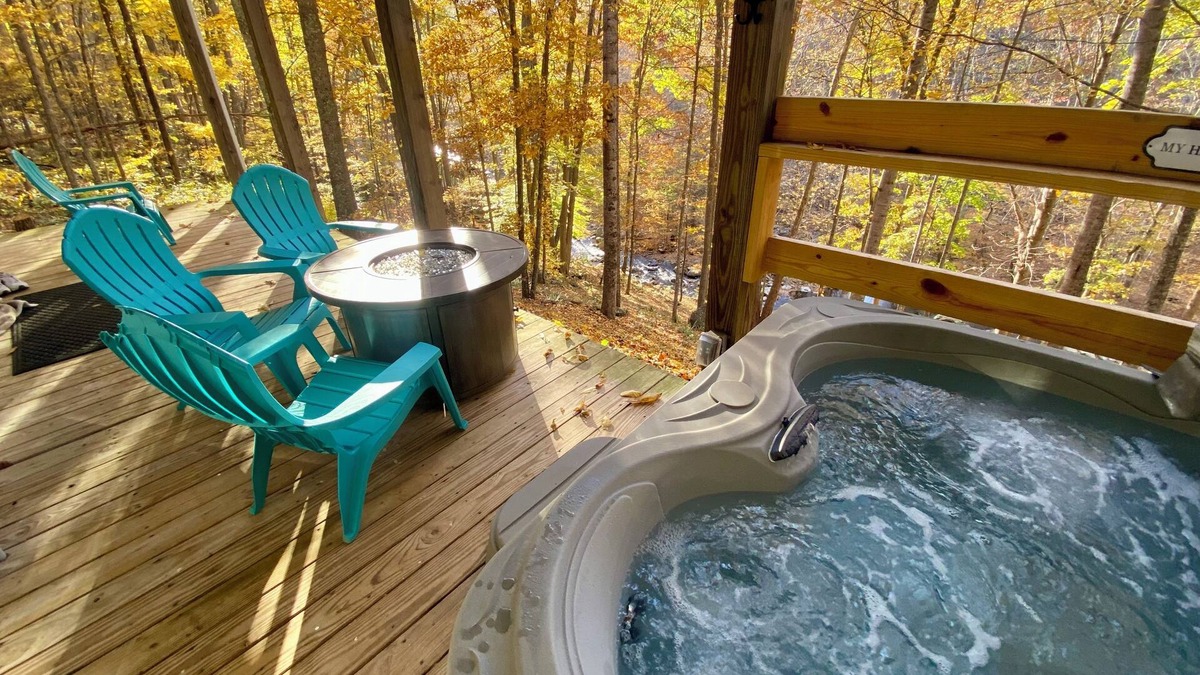 Bakersville House | Power & Water! WiFi Soon! Hot Tub, Creek Front, Fire Table, Fireplace, Private!