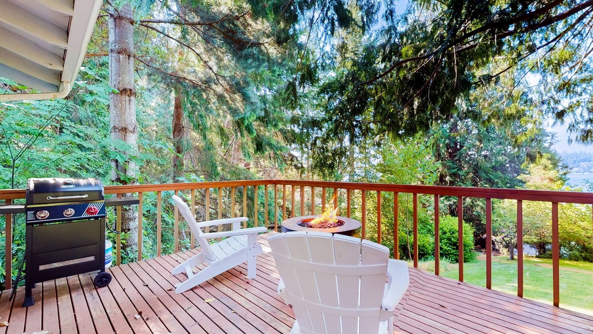 Gig Harbor House | Sound view retreat with trails, beach access, firepit, grill, scenic deck, & W/D