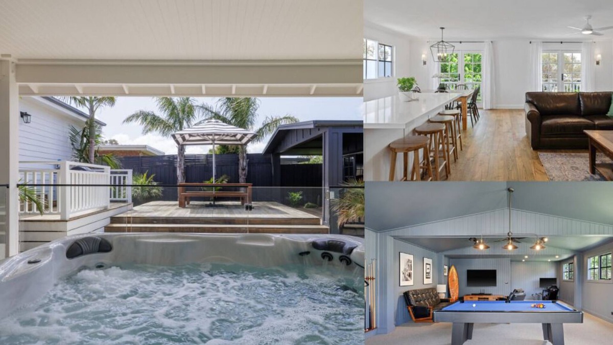 Cape Woolamai House | Spa jacuzzi, modern, stylish, separate games room, backyard, fully fenced