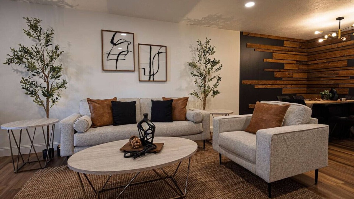Sioux Falls Apartment | The Olive Branch | Beams & Fireplace | Wine Bar