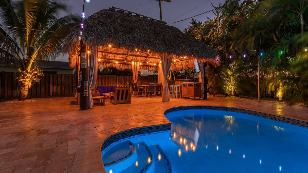 Land of the Presidents House | Tiki Paradise OasisnHome + Pool, Tiki Hut & 10 Min to Beach! New Outdoor Kitchen