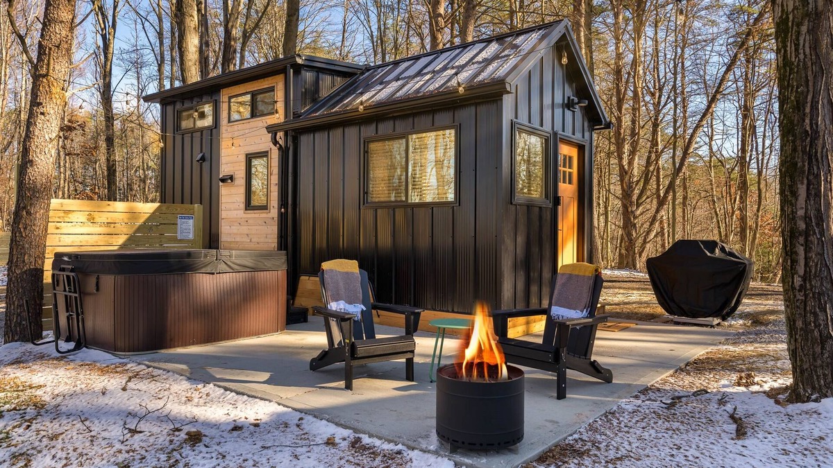 Laurelville House | Tiny Home fire pit + hot tub + community game room
