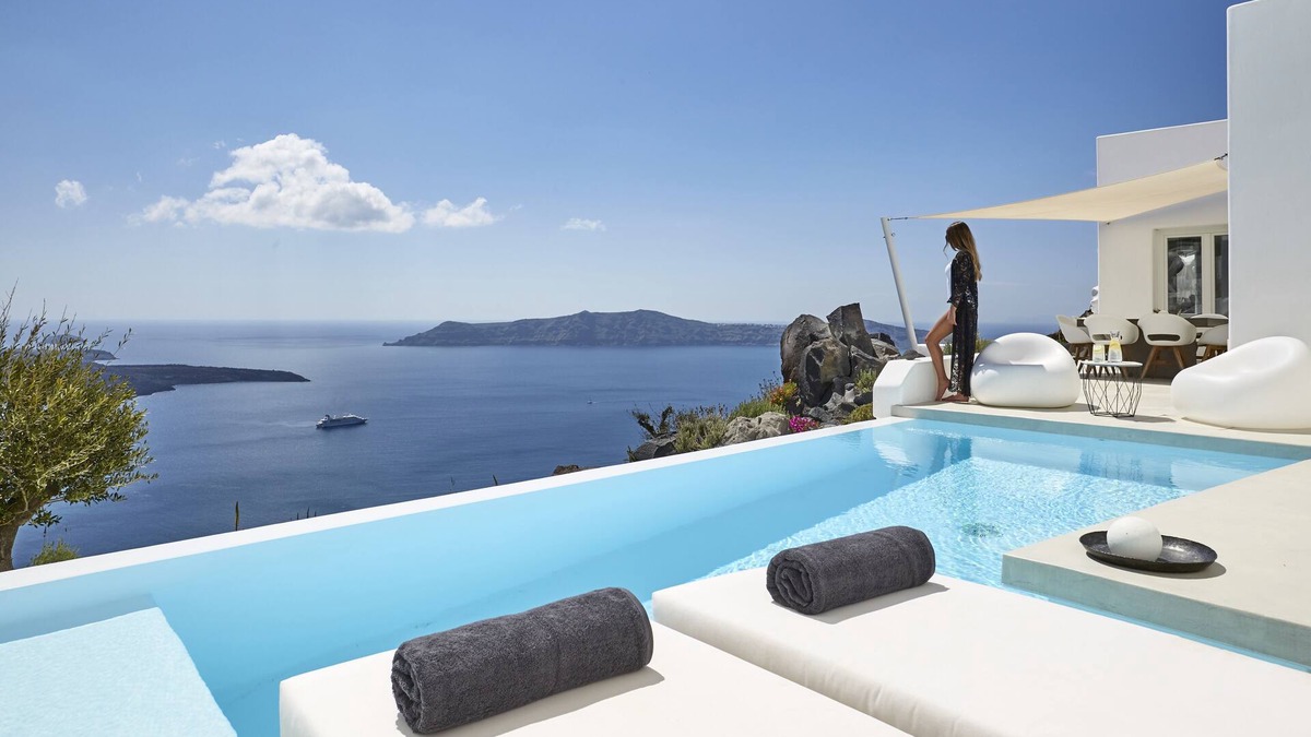 Firostefani Villa | Villa Etheras, heated private pool, 2 bedrooms, amazing views of the caldera