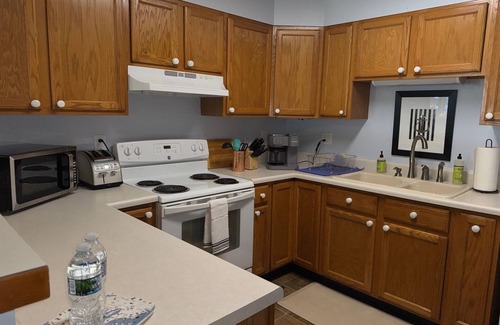 Onekama Apartment | Private beachfront 2BR w deck and firepit in Onekama