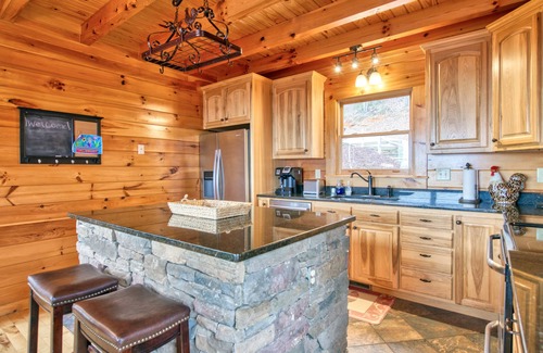 Lake Lure Cabin | Rustic mountain-view home with deck, fire pit, hot tub, fireplace, & game room