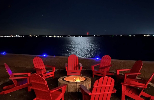 160' waterfront home on a point, fire pit, game room, & more