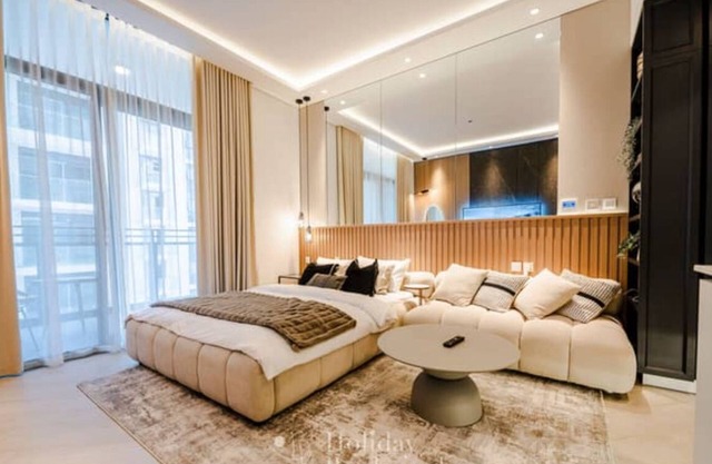 Chic 1-bedroom apartment in nice Sobha Hartland with AC, fitness room, WiFi