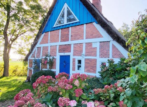 Die blaue Reetdachkate am Deich