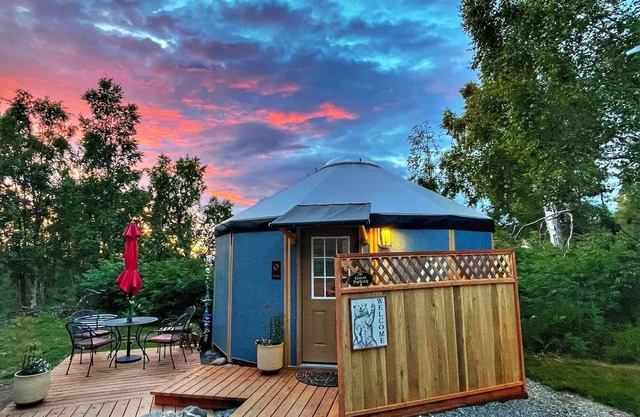 Fanciful mountainside yurt with private bathhouse