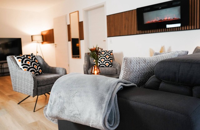 Fireplace, parking space & balcony, stylish home