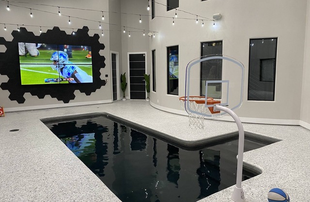 Insane Indoor Pool with basketball, 132" TV wall, PoolTable, Foosball, Pingpong