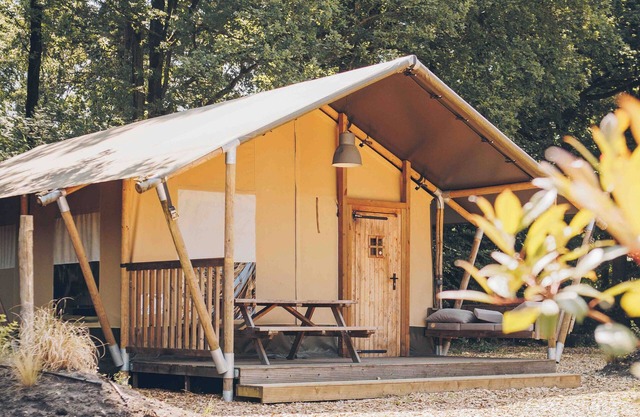 Luxury glamping in the Veluwe: Safaritent for 6 guests with private bathroom, full kitchen, made-up beds & playground view veranda.