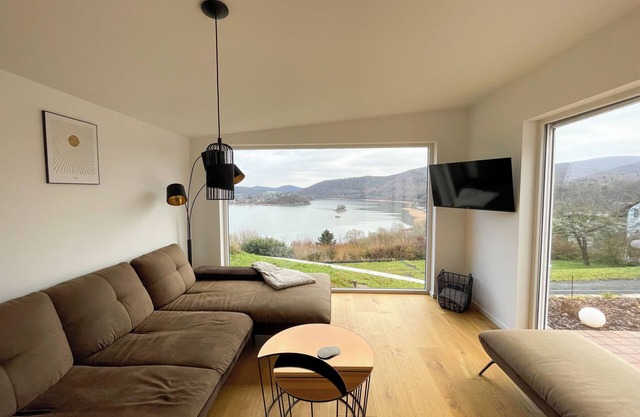 Modern vacation home with panoramic terrace, sauna and view of Lake Edersee