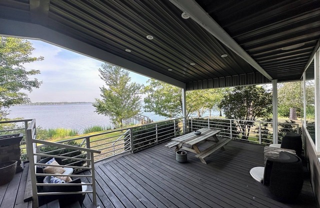 Secluded getaway with lakefront views. Spacious covered deck and dock access.