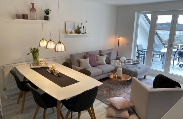 Spacious vacation apartment with two balconies, sauna and spectacular water views