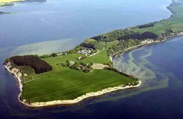 Thatched cottage surrounded by the sea