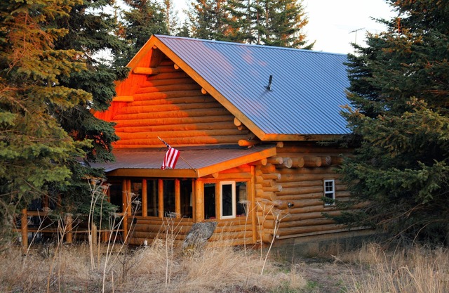 Unique Alaskan log home in trees & wild flowers on 14-acre private homestead.
