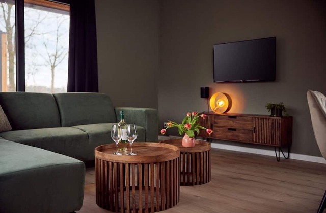 The Amalia 4 Eco is a luxurious holiday home with a private sauna, a spacious living room, open kitchen, two bedrooms and a spacious patio.